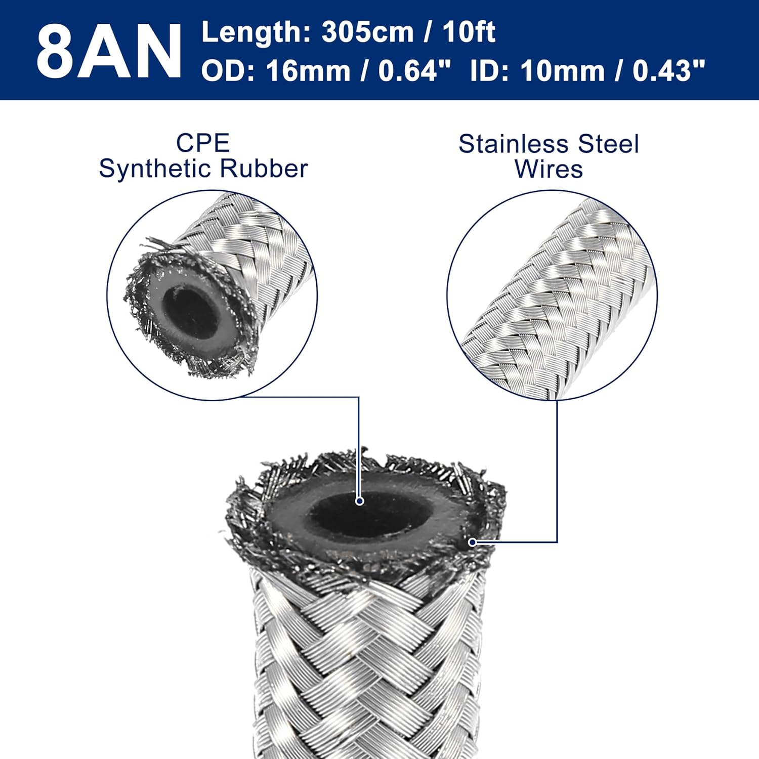 X AUTOHAUX 10 Ft 8AN Fuel Hose AN8 1/2" Universal Braided Stainless Steel CPE Oil Fuel Gas Line Hose