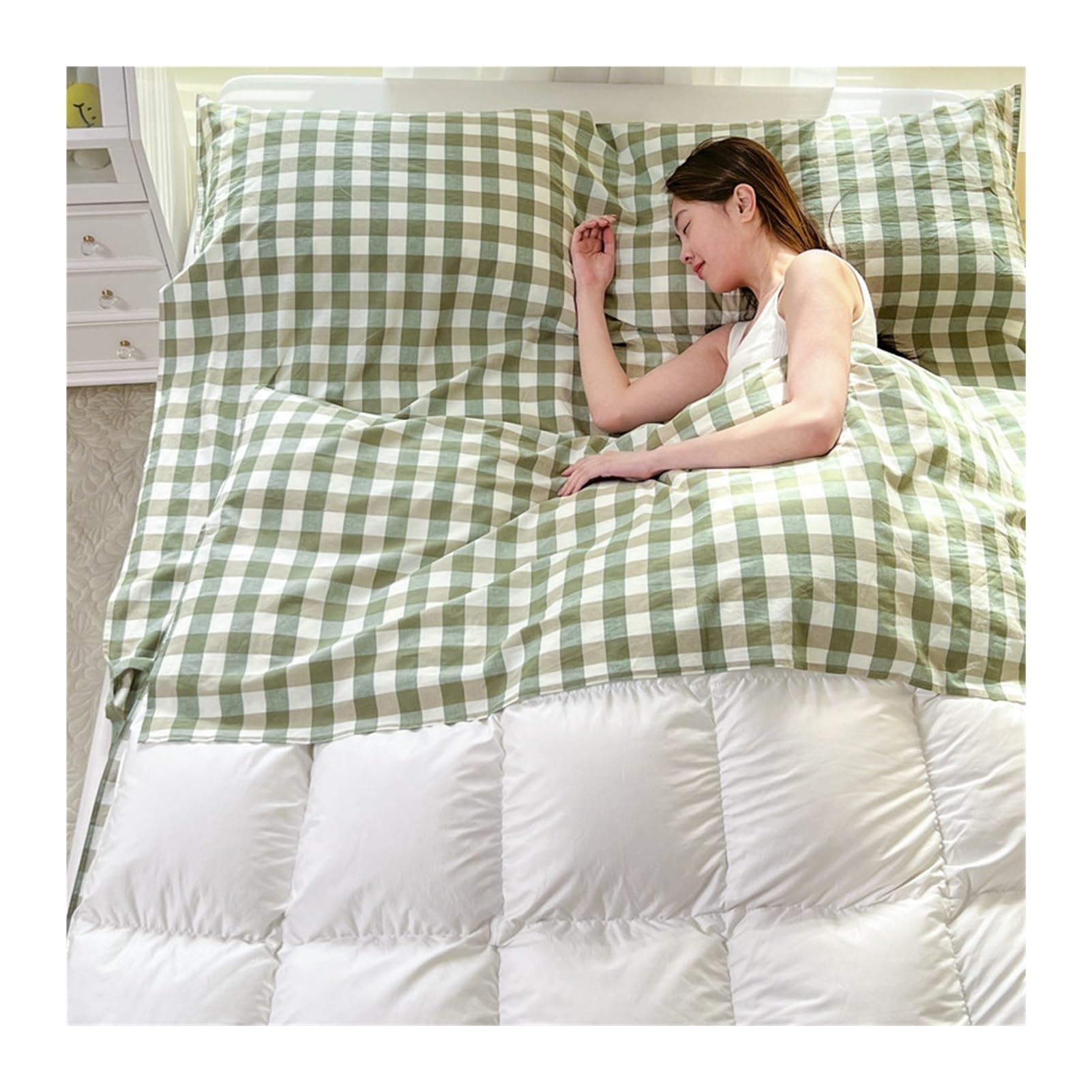 GBHMJU Sleeping Bag Liner Washed Cotton Adult Sleep Sack Gingham Travel Sheets for Hotel Travel Sleep Sack, Camping Sleeping Bag Liners for Cold Weather(Green A,200x210cm-78x82)