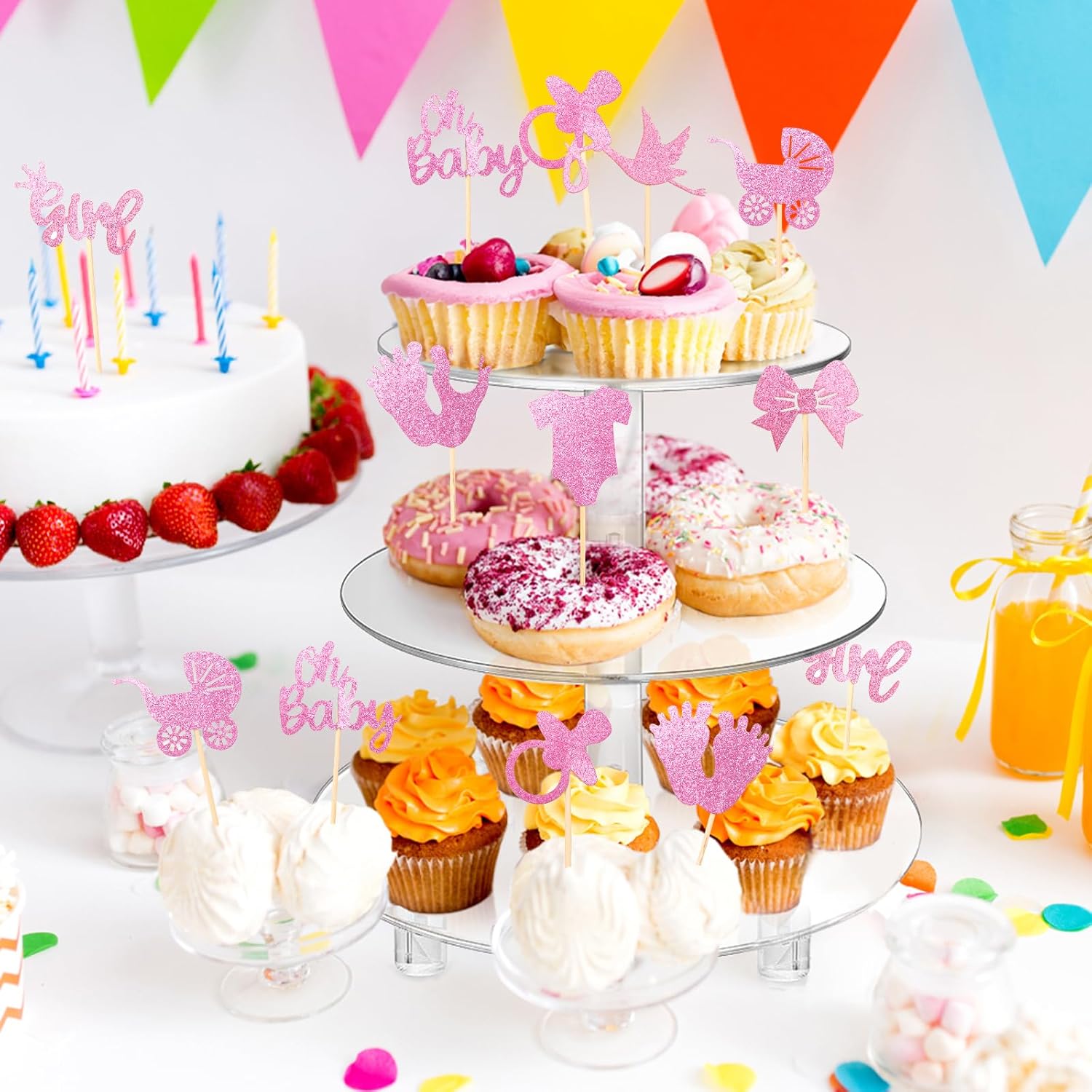 24 Count Glitter Baby Girl Cupcake Toppers, 8 Adorable Designs - Pre-Assembled Pink Cake Decor Picks for Baby Shower, Girls Birthday Party, Gender Reveal & Dessert Decorations - Image 5