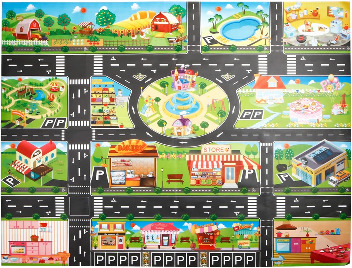 PVC Road Mat,Plastic Carpet Playmat Waterproof City Life Great for Educational Road Traffic Mat- Large Learning Carpets