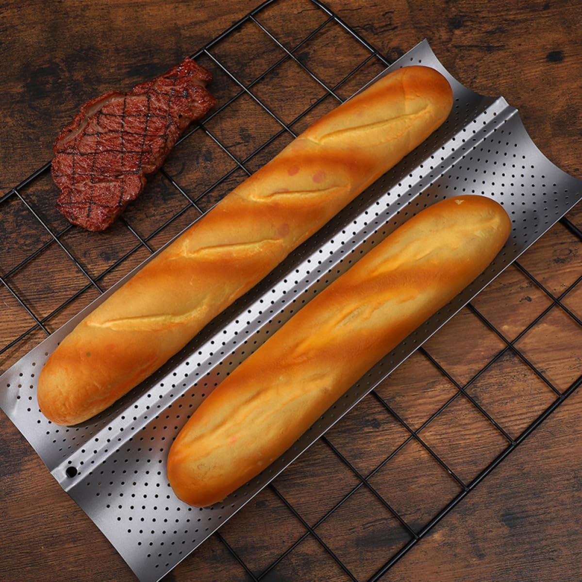 Antiadherentes 2 Moldes para Hornear Baguettes de Acero Inoxidable Plata y Fáciles de Limpiar, Ideales para Cocina en Casa y Panadería Casera