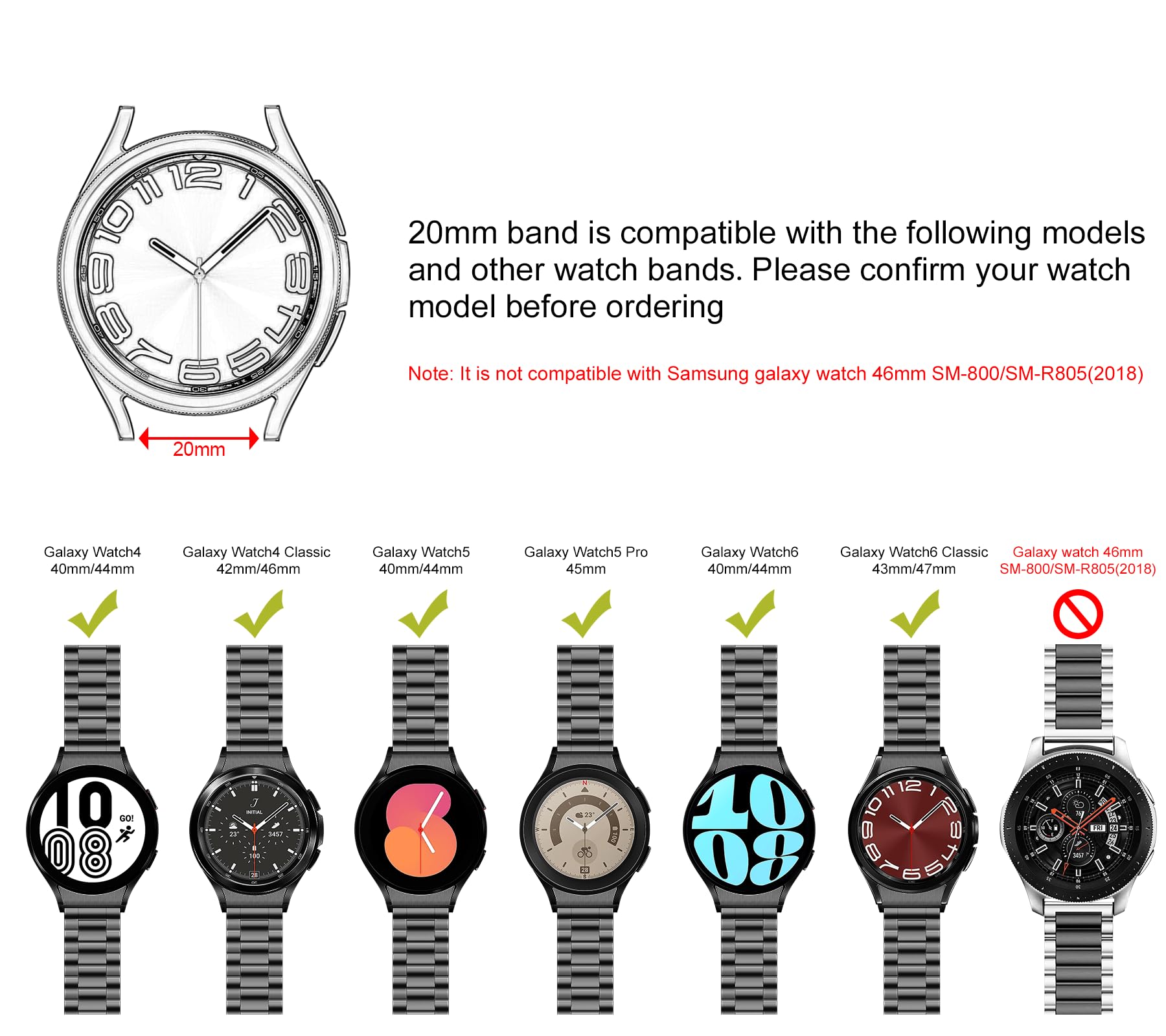 iiteeology Compatible with Samsung Galaxy Watch 6 Titanium Band, No Gap 20mm Business Titanium Metal Band for Galaxy Watch 6/6 Classic/5/5 Pro/4/4 Classic 47mm/46mm/45mm/44mm/43mm/42mm/40mm - Black