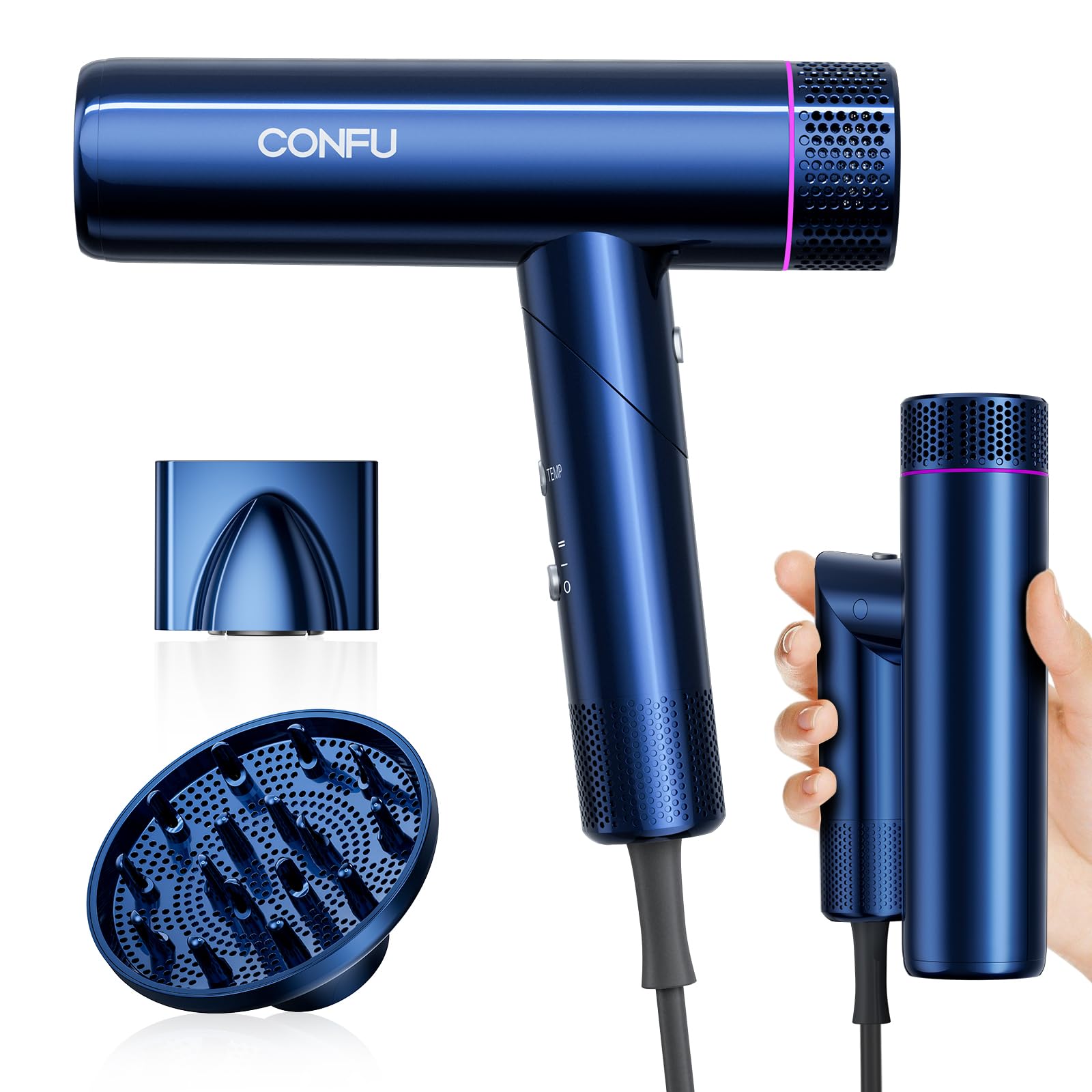CONFU Ionen Föhn Klappbar Fön Reisefön Professioneller Salon Haartrockner 1700W Leicht und Leise Magnetischer Diffusor und StylingDüse, für Hause Salon und Reisen