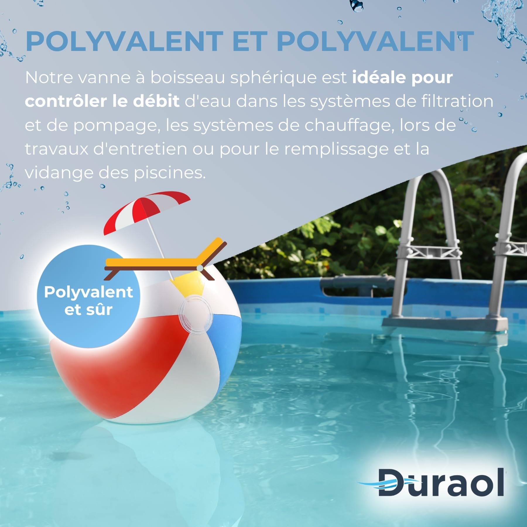 Vanne à bille 2 voies S6 pour piscine avec avec douille à coller métrique 40 mm | Robinet à boisseau sphérique pour tuyaux ou conduites | Robinet d’arrêt en PVC-U à coller
