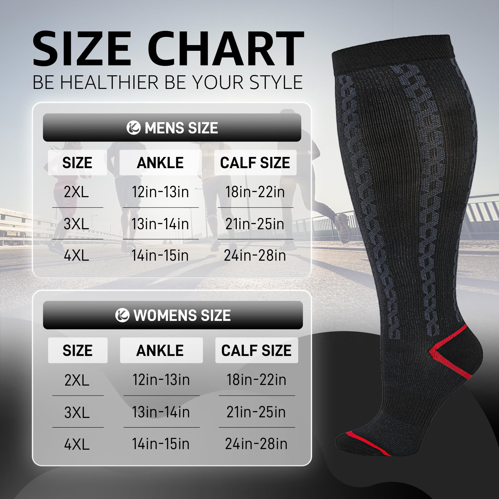 Kickticks Plus Size Compression Socks-Wide Calf Knee High Socks for Men & Women, 20-30mmHg, Available in 2XL to 4XL, 4 Pairs