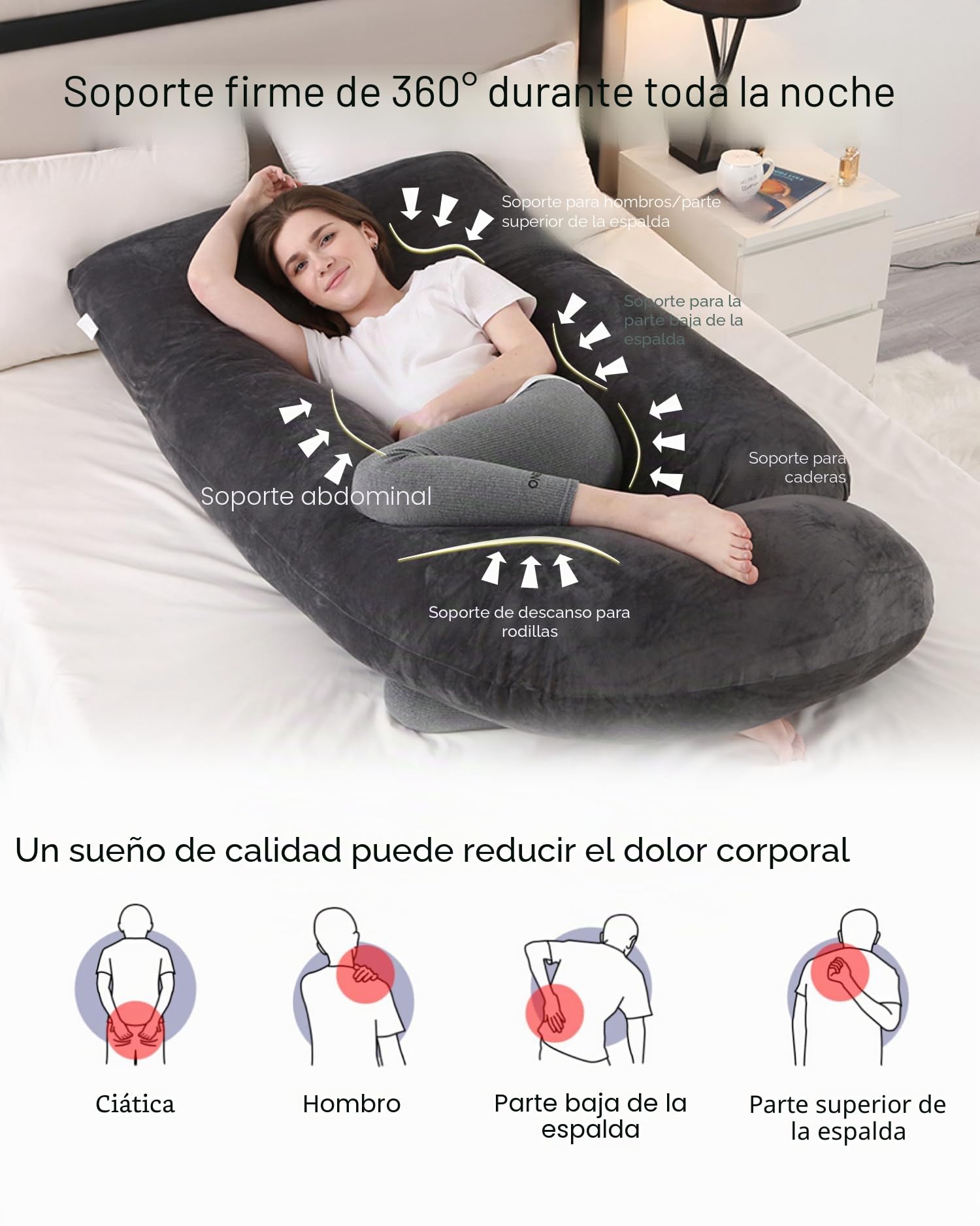 ALLOPERA, cojín de Embarazo 145 cm – Soporte para piernas, Espalda, Cuello, Hombros, Caderas, Abdomen para Mujeres Embarazadas, con Funda extraíble y Lavable de Terciopelo (Gris-Negro)