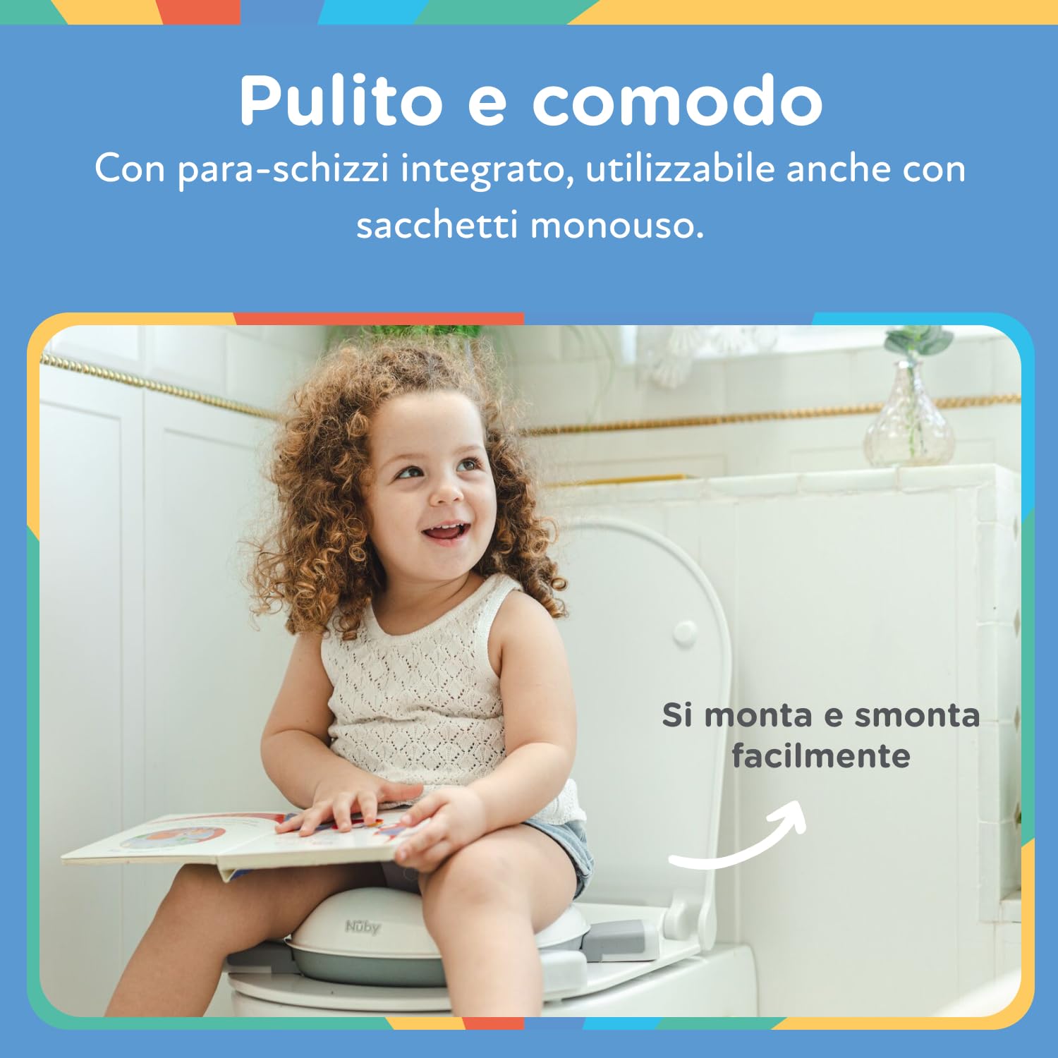 Nuby - Vasino portatile per bambini da viaggio - Wc portatile 2 in 1 Riduttore wc bambini o uso in autonomia - Con protezione paraschizzi e sacchetti usa e getta - Per imparare a usare il bagno