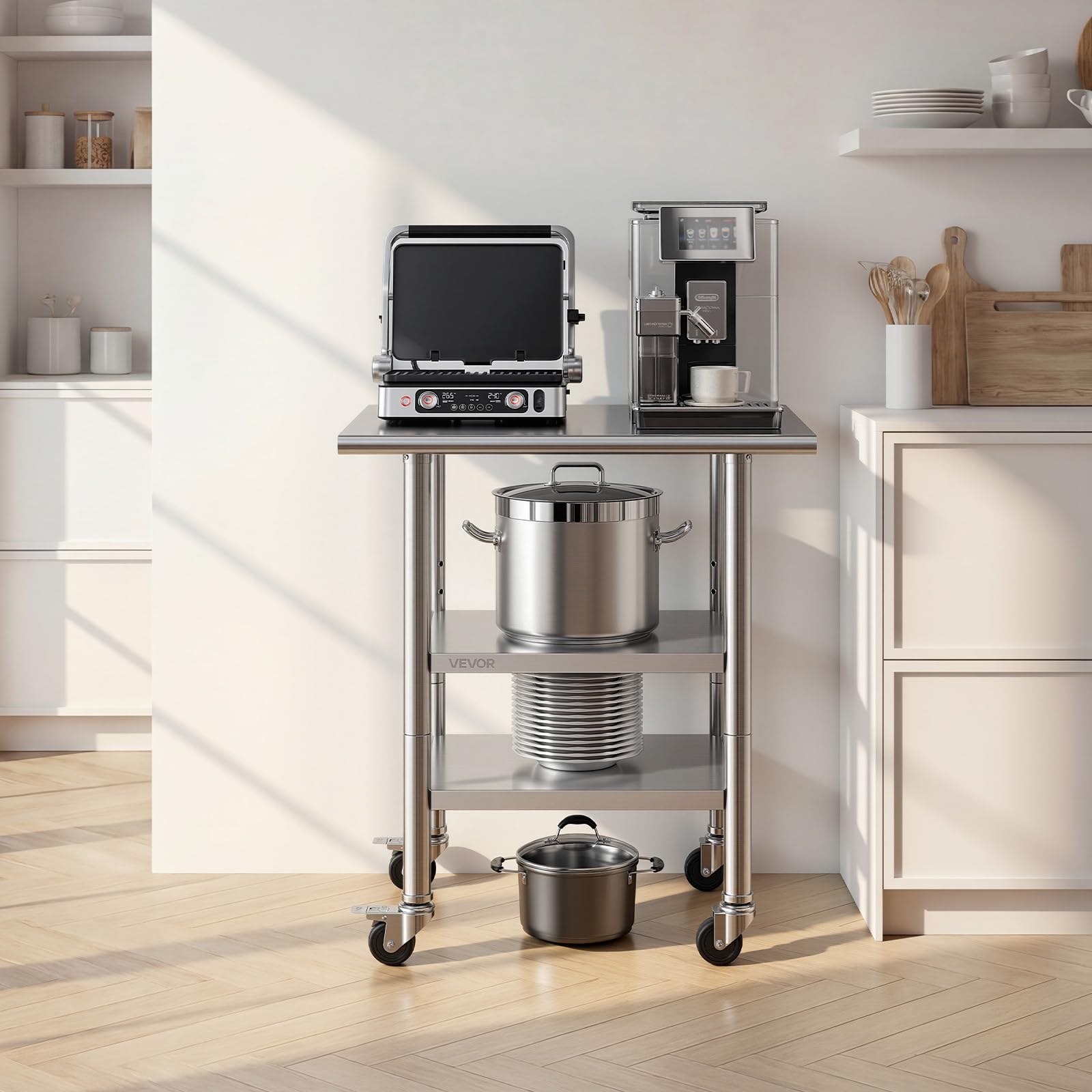VEVOR Tavolo da Lavoro per Cucina 3 Ripiani, Tavolo per Ristorazione in Acciaio Inox con Ruote 3 Ripiani 762 x 610 x 864 mm Piano di Lavoro Carico max 227 kg, Preparazione Ristorante Hotel Catering