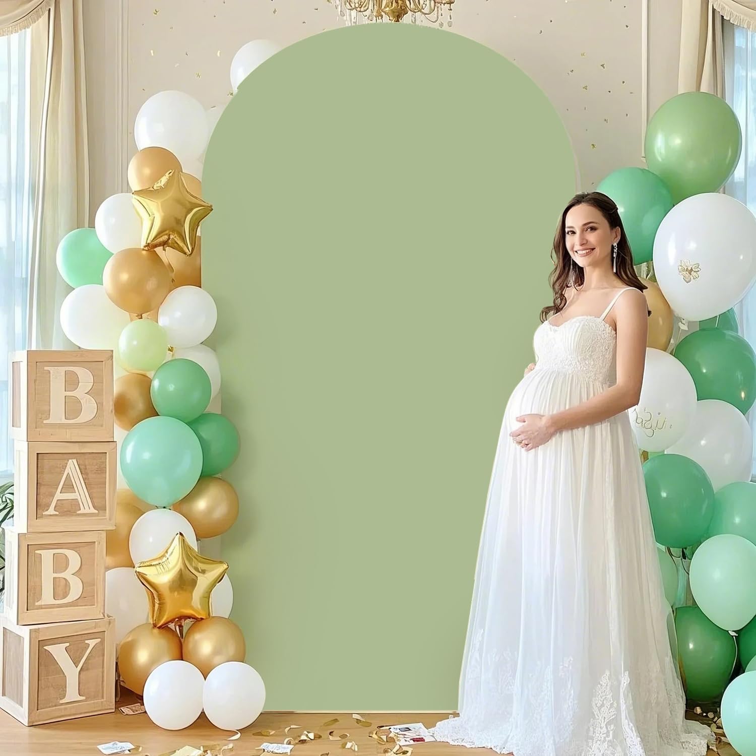 FUHSY Housse d'arche en élasthanne de 1,2 x 2,2 m, housse de toile de fond extensible vert sauge pour arche de mariage Chiara ronde en tissu pour support d'arche de guirlande, housse de cadre d'arche