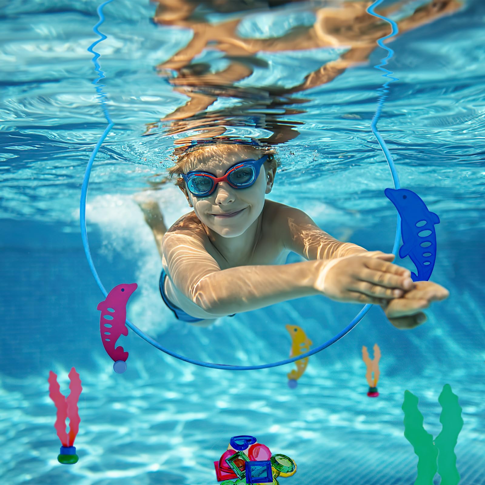 Jouets de Piscine pour Enfants 5-12 Ans, Ensemble de Plongée avec Anneaux, Dauphins, Herbes Marines, Pierres Précieuses et Sac de Rangement