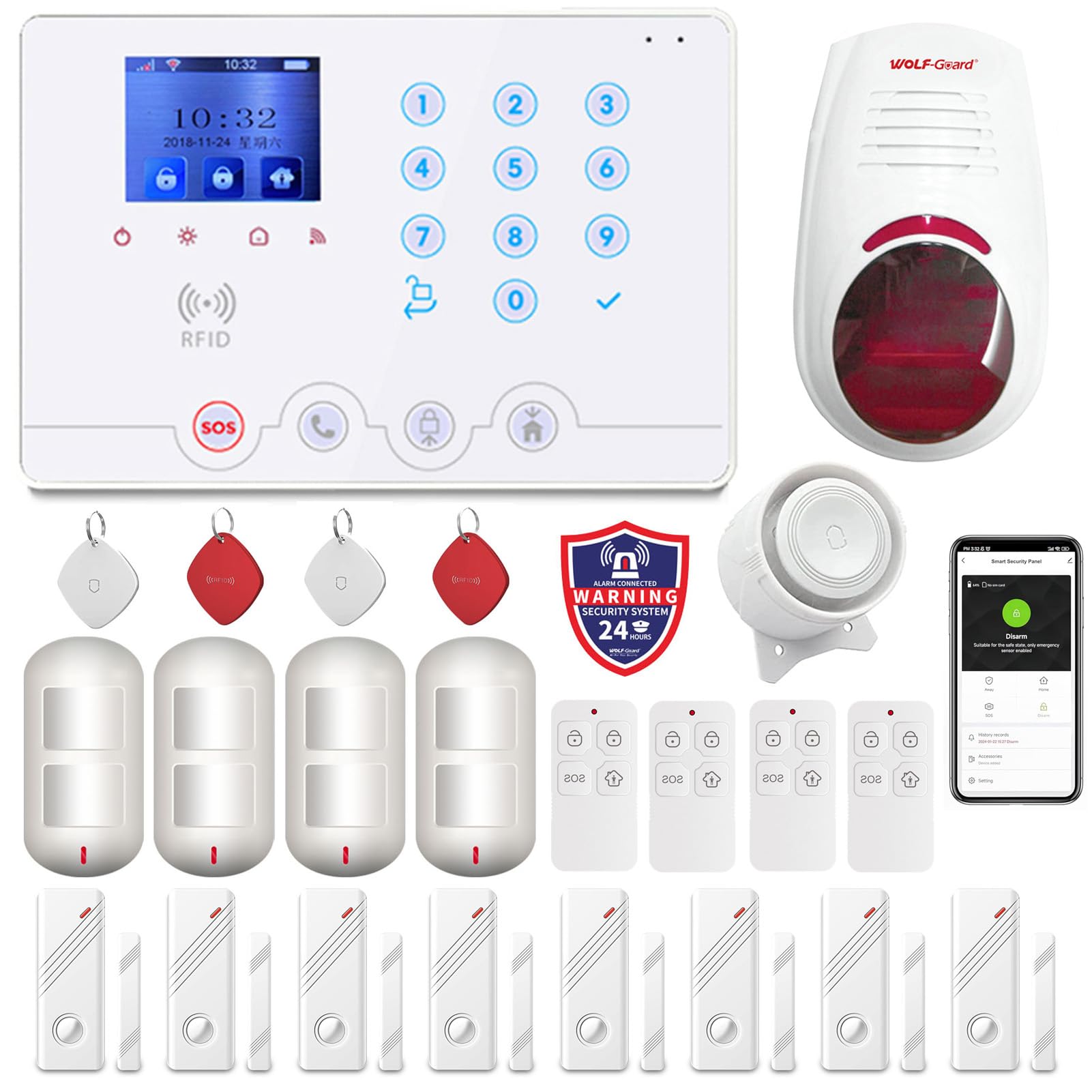 Wolf Guard W4Q-W03 WLAN + 4G Alarmanlage für Zuhause, kabellos, App Tuya Smartlife, RFID, Sirene, Türsensoren, Bewegungsmelder, Deutsch | Kabelloses Haus mit Tuya App, Alarm-Set mit externer Sirene 110 dB, italienisch (W4Q-W03)
