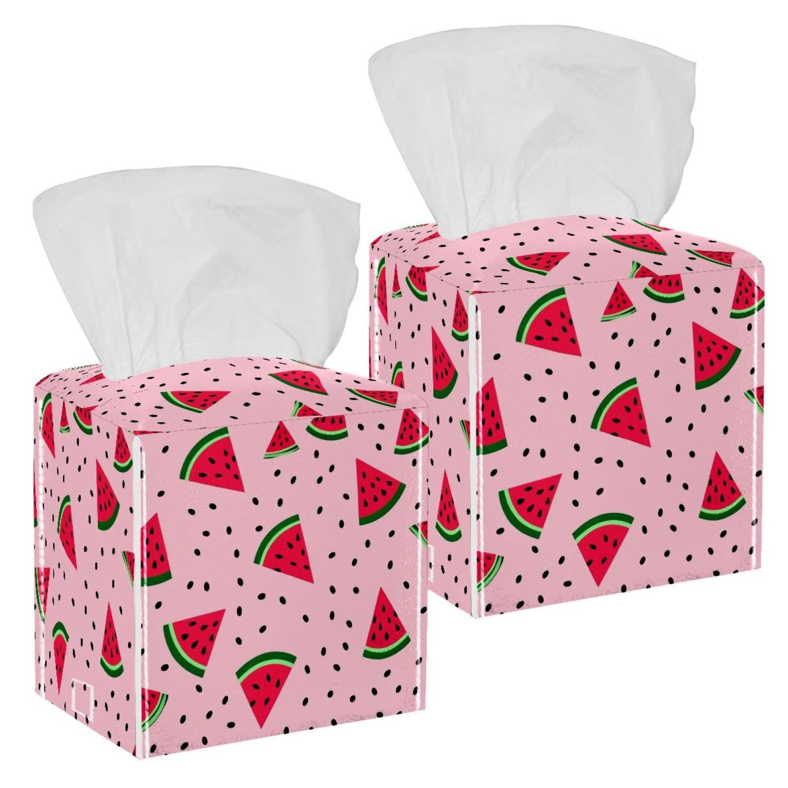 Watermelon Tissue Box Cover, 2 Pack PU Leather Square Facial Tissue Dispenser Box holder for Home Office Car