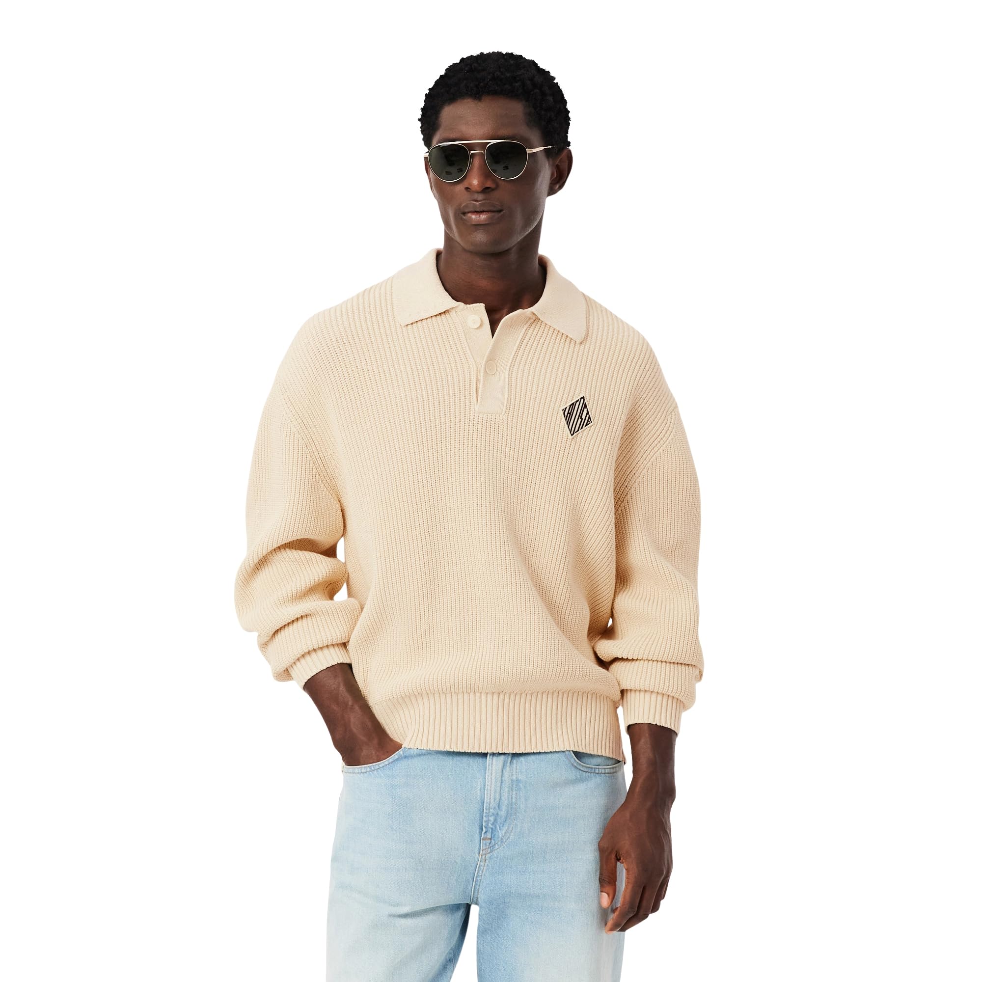 Badge Accent Pearl Rib Polo Collar Sweater-image-47