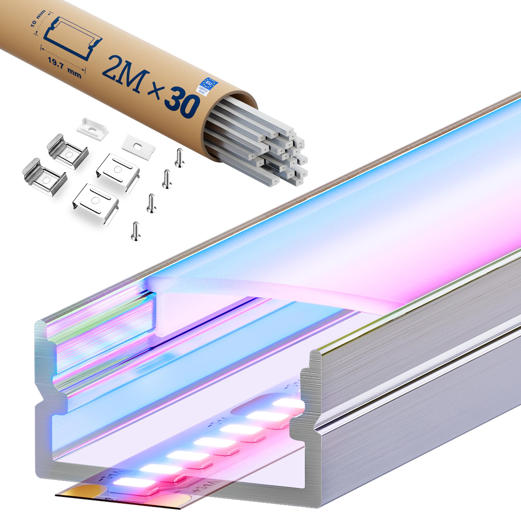 Perfil LED de aluminio 2 m x 30 para tiras LED de hasta 17 mm, forma de U, perfil LED con difusor de PC lechoso, tapas finales y clips de metal, ideal para iluminación indirecta en techos, paneles de