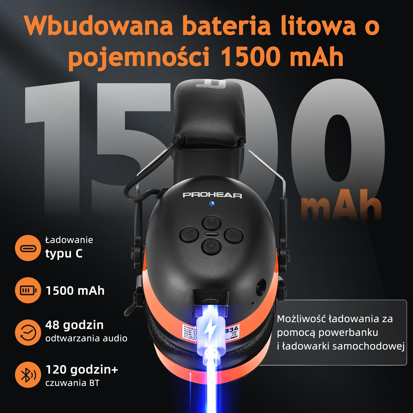 PROHEAR 037 Ochrona słuchu z Bluetooth, słuchawki z technologią BT 5.4 z wbudowanym mikrofonem i redukcją hałasu do koszenia i hałaśliwych aktywności rekreacyjnych, SNR 30 dB, NRR 25 dB - pomarańczowy