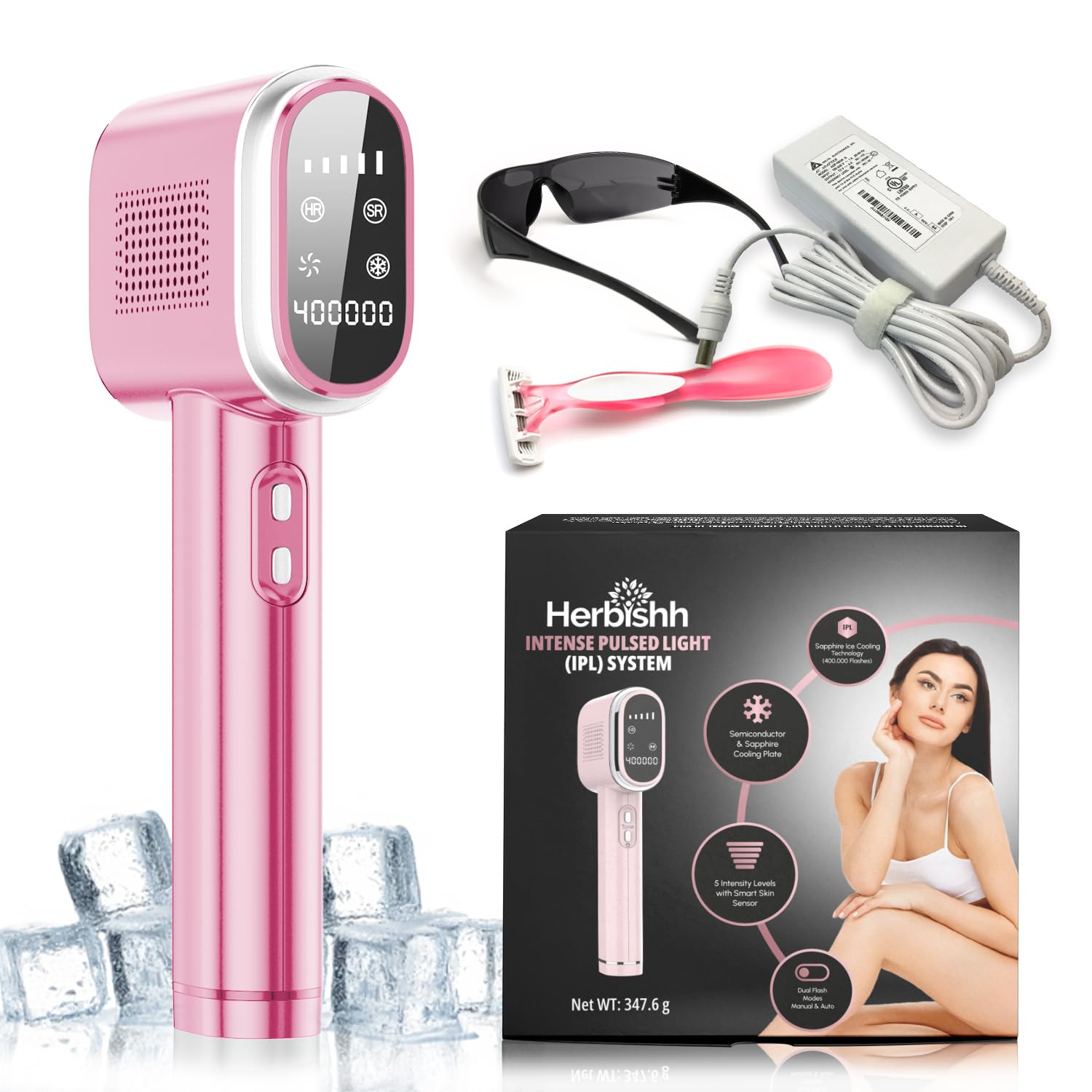 Herbishh IPL Laser Hair Removal Device, Painless Cooling Technology- 400,000 Flashes, Hair Removal Machine with 5 Intensity Levels, Skin Sensor & Dual Flash Modes- Manual & Auto, For Face & Body, Pink Herbishh IPL Laser Hair Removal Device, Painless Cooling Technology- 400,000 Flashes, Hair Removal Machine with 5 Intensity Levels, Skin Sensor & Dual Flash Modes- Manual & Auto, For Face & Body, Pink