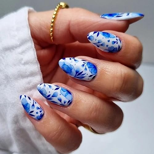 Uñas postizas a presión, uñas postizas cortas de porcelana azul y blanca, uñas acrílicas de cobertura completa, uñas adhesivas brillantes, uñas disponible en Yaxa Costa Rica
