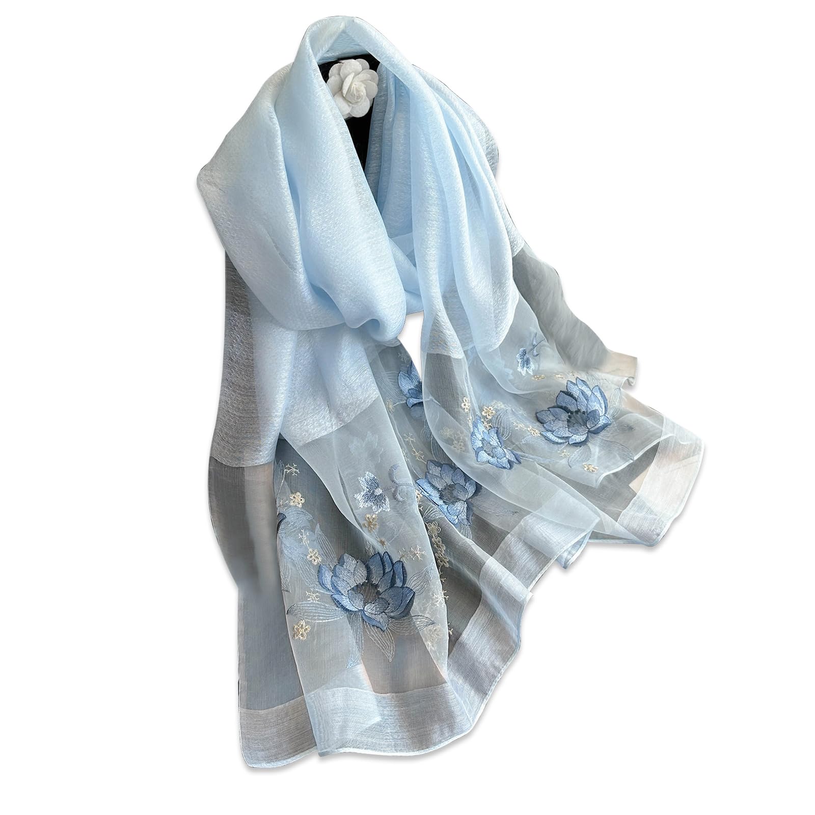 LumiSyne Mulberry Silk Scarf Chiffon Scarf For Women Delicate Lotus Flower Embroidery Transparent Tulle Lightweight Soft Long Scarf Sunscreen Shawl Sheer Wrap Spring Autumn