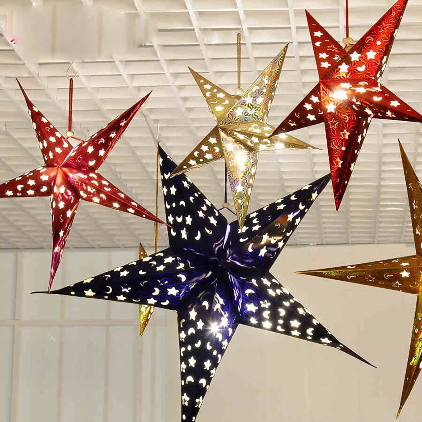 Juego de 6 adornos para árbol de Navidad, papel láser, diseño de estrella de luna hueca, decoración colgante de árbol de Navidad, adornos de Navidad, suministros de fiesta, regalos de decoración de