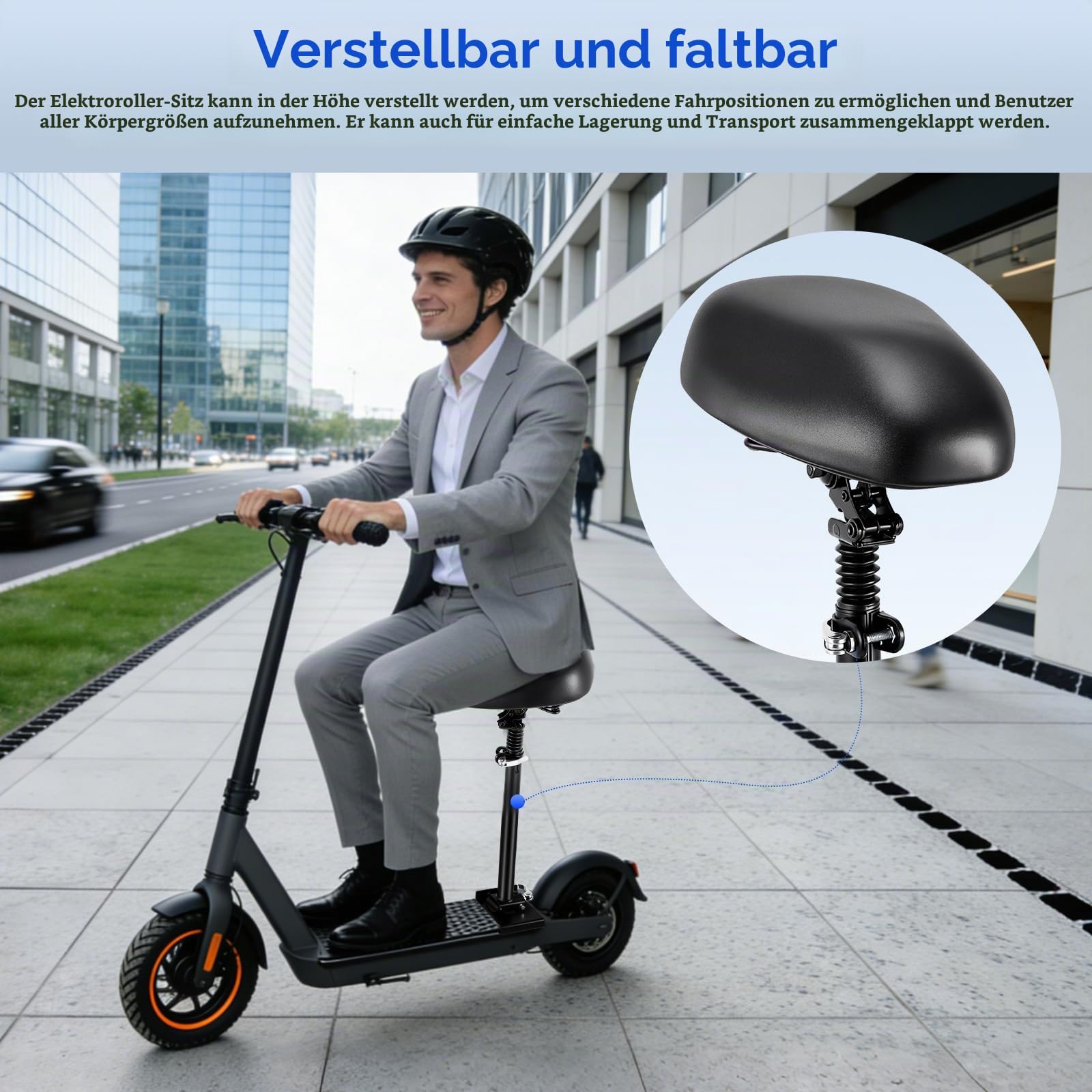 Elektro Scooter Sitz für 13cm-16cm, Elektrorollersitz für Erwachsene Geschwungenen Rändern Fußbretter 55-68cm Höhenverstellbar Faltbar, Erwachsenenroller e Roller Sitz Zubehör