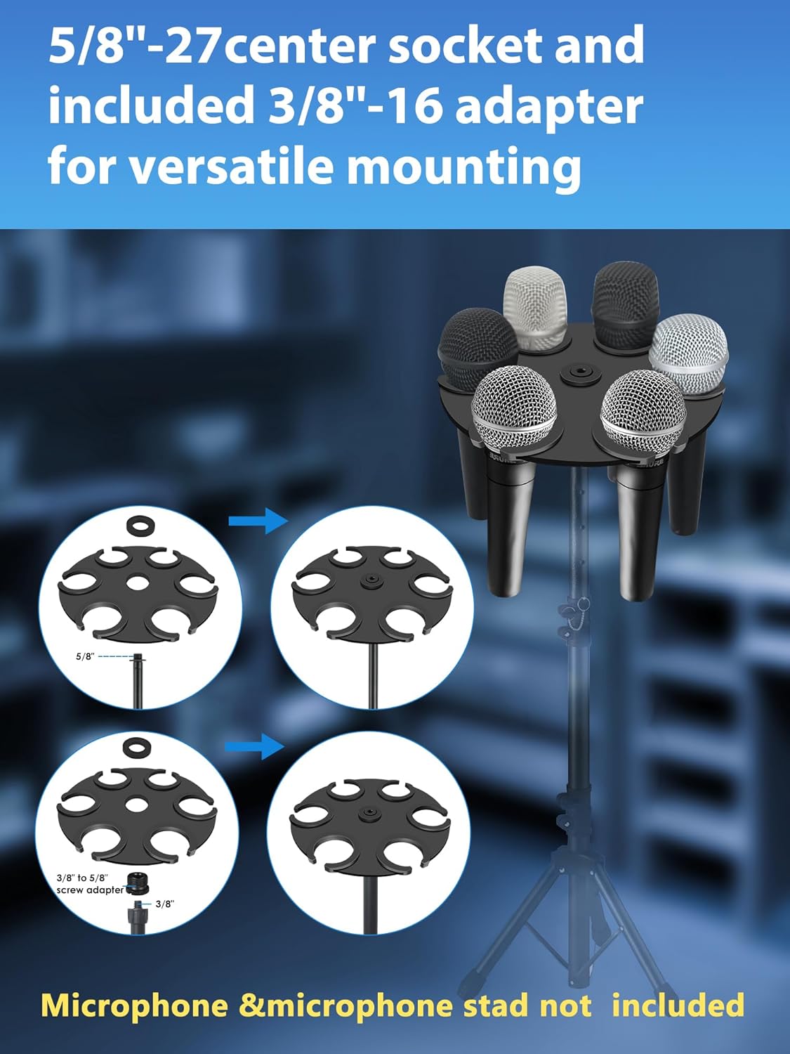 Multi-Mic Holder Up to 6 Mics (Aluminum/Rubber Padding) for Handheld Dynamic, Wired & Wireless Mics, Mic Stand Organizer, Mounts to 5/8"-27 or 3/8"-16 Threaded Stands