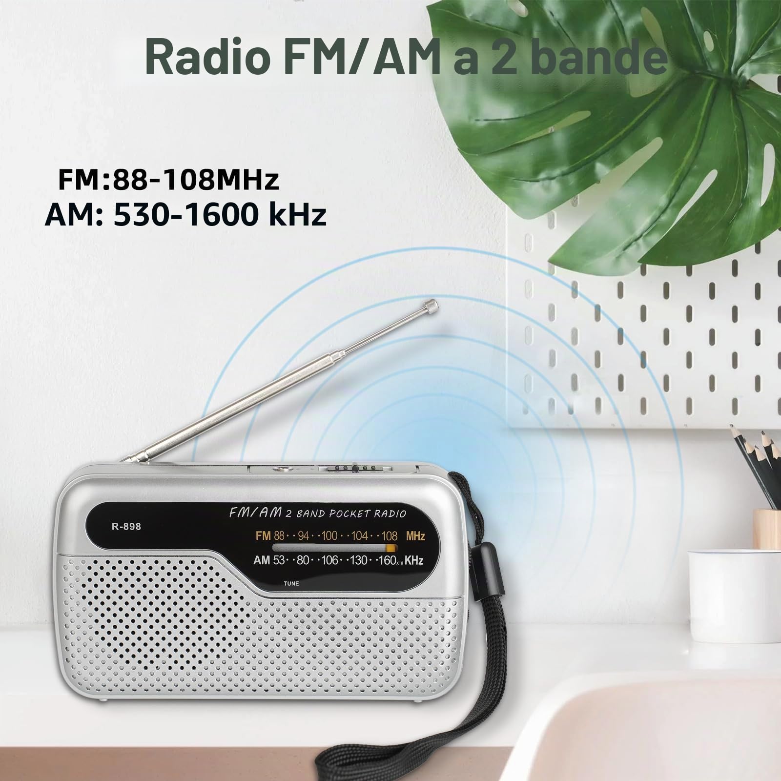 Radio portatile FM transistor con altoparlante potente, funziona con 2 batterie AA, argento