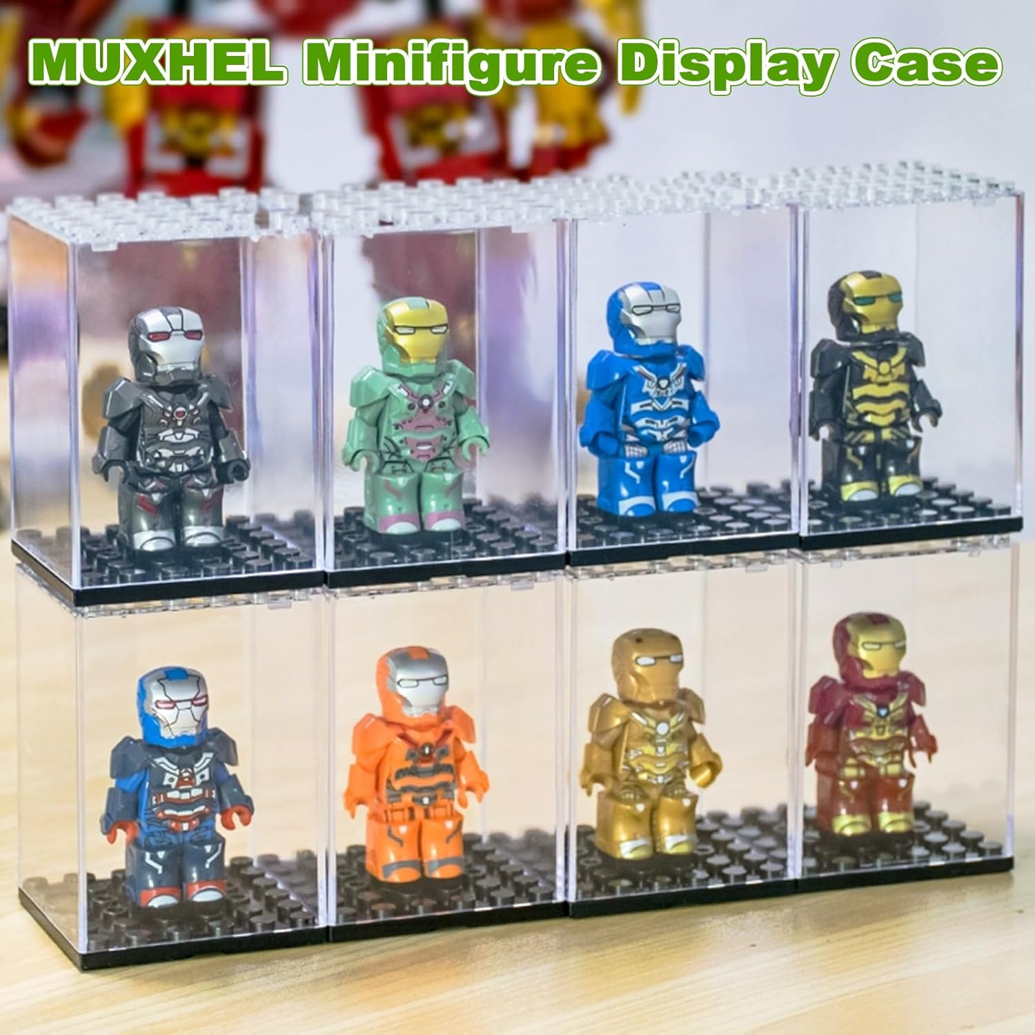 24 Pcs Minifigure Display Case, Acrylic Small Action Figure Toys Storage Case, 2.7”×1.9”×1.9” Stackable Building Block Display Case for Minifigure, Action Figures