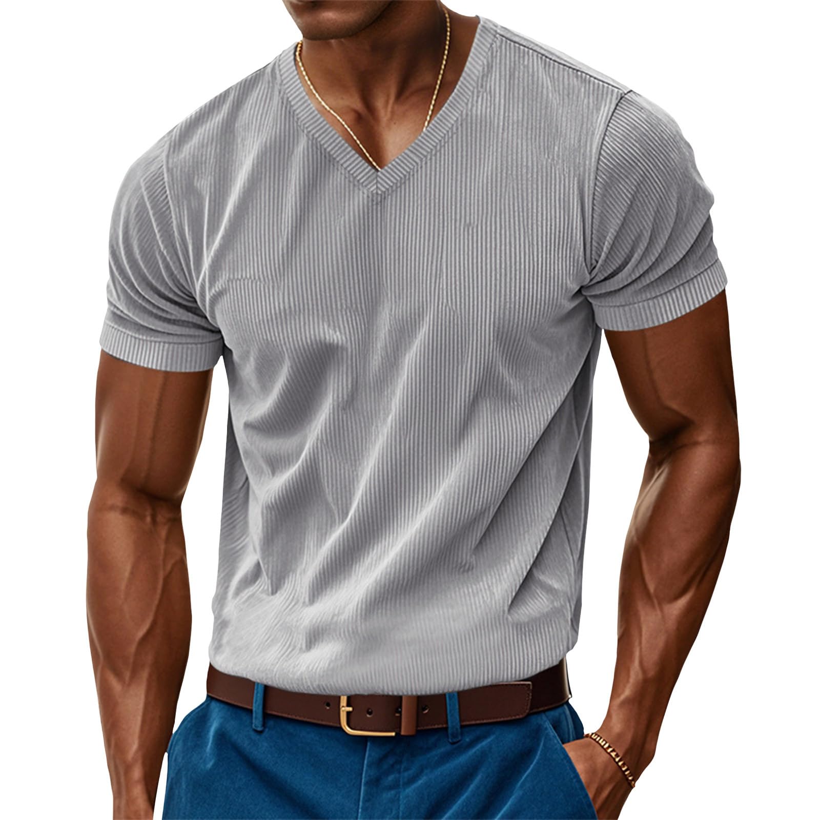 V Neck Knit T-Shirts for Men Short Sleeve Corduroy Shirts Fall Basic Pullover Tees Business Casual Tee Shirt