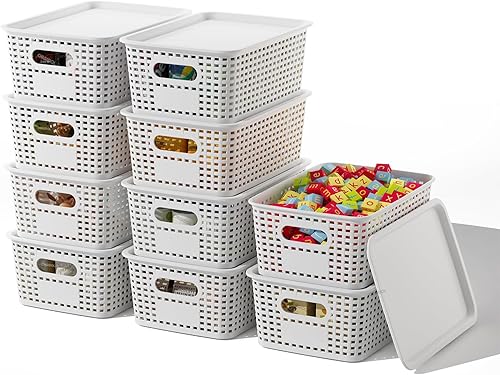 Cesta de almacenamiento de plástico con tapas, paquete de 10 contenedores apilables con tapa, cajas de almacenamiento decorativas para organizar