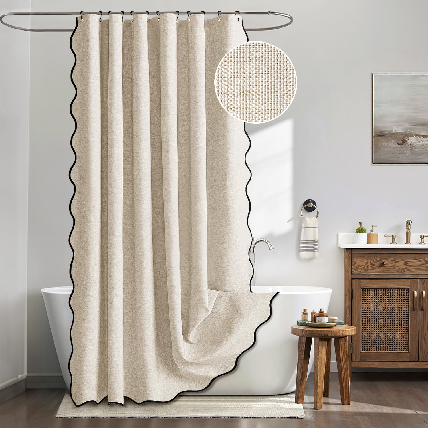MIULEE Tenda da doccia in lino ondulato 180x200 cm Beige, tende da doccia impermeabili per hotel di lusso, tenda da bagno in tessuto lavabile antimuffa con 12 ganci in metallo.