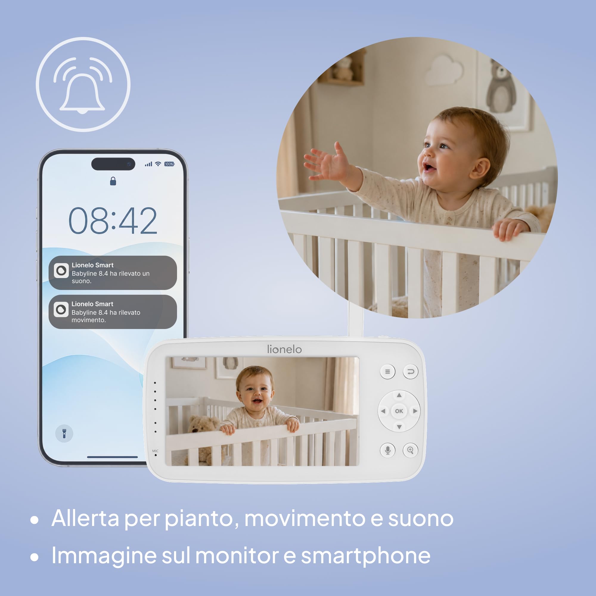 lionelo Babyline 8.4 Baby Monitor Video WiFi con App e Monitor 5" | Videocamera Full HD, Visione Notturna, Movimento e Pianto, Audio Bidirezionale, Portata 300 m e Temperatura