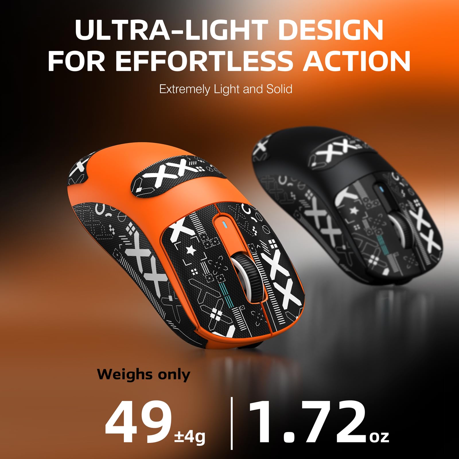 VGN GAMEPOWER ATTACK SHARK X3 SUPERLIGHT Mouse Gaming Wireless, 49g Ultraleggero Mouse da Gioco, PixArt PAW3395, 26,000 DPI, 2.4G/BT5.0/Cablato, Mouse Grip Tape, Durata Batteria 200Hrs, Arancia