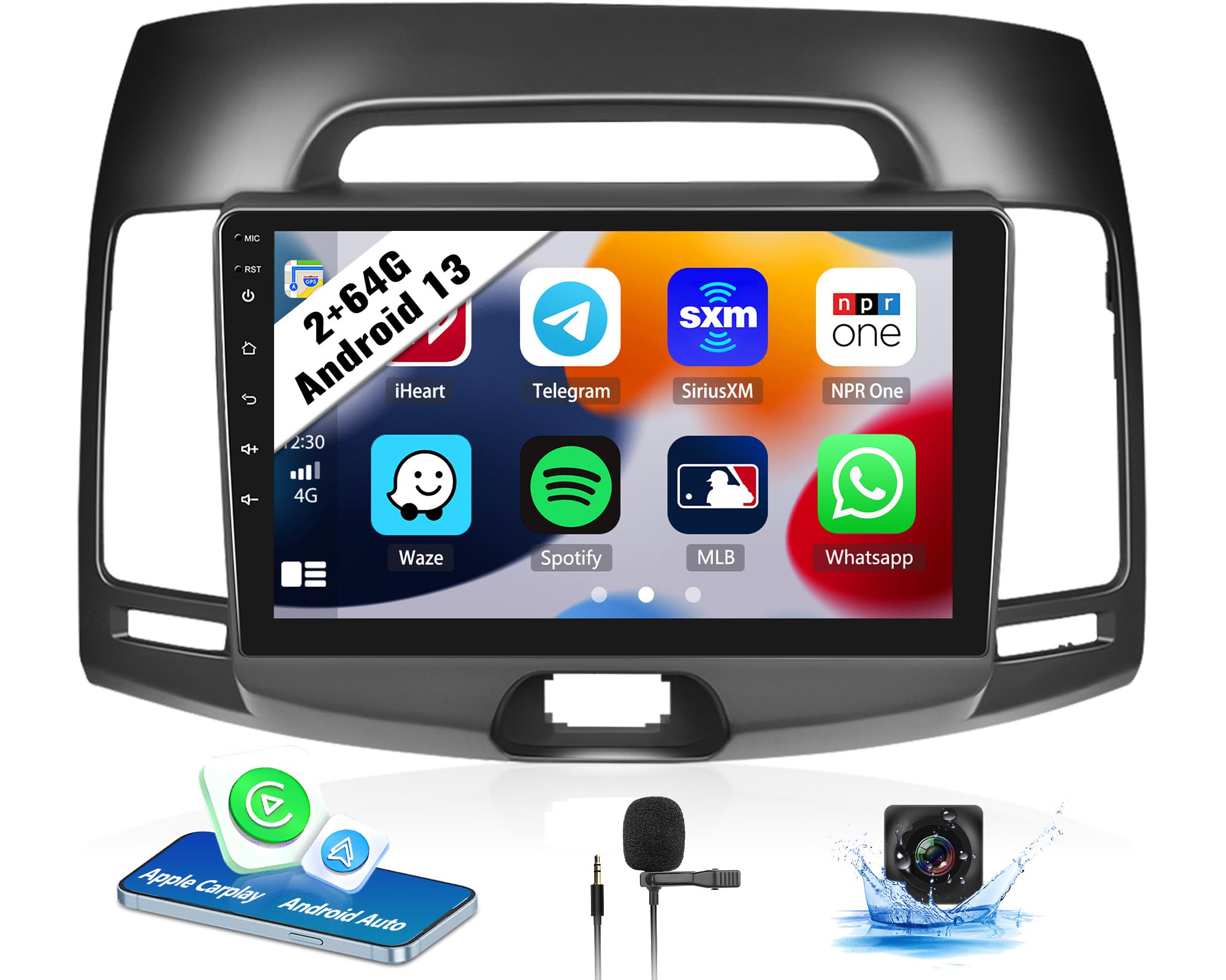 2+64G Android 13 Car Stereo for Hyundai Elantra 2006-2011 with Wireless CarPlay Android Auto, 9 ’’ Touchscreen in Dash GPS Radio with WiFi Bluetooth Mirror Link FM RDS HiFi EQ SWC Backup Camera