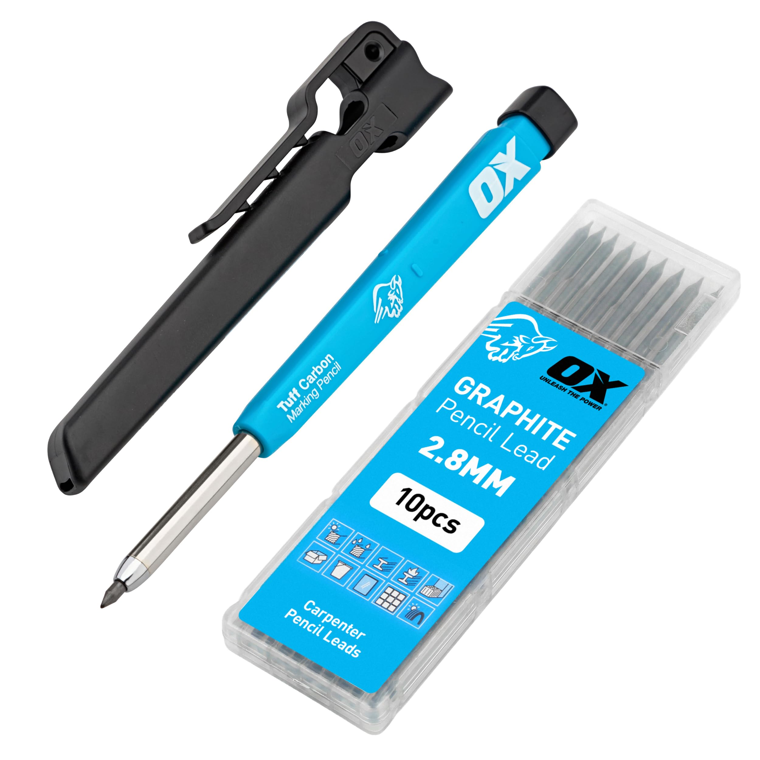 OX Tools Carpenter Pencil and 10 pack Graphite Set Pro Tuff Carbon Marking Pencil Mechanical Construction With 10 Leads, Holder & Sharpener Belt Clip