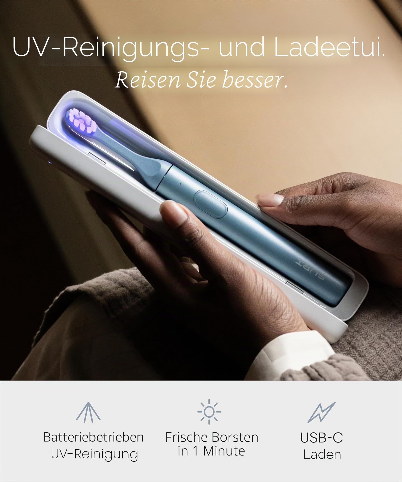 SURI 2.0 Neue Sonic Elektrische Zahnbürste mit Drucksensor & UV-Reinigungs-Reiseetui | 40+ Tage Akku | Designed in London | Elektrische Zahnbürste für Erwachsene | Reisezahnbürsten | Zahnbürste | Blau