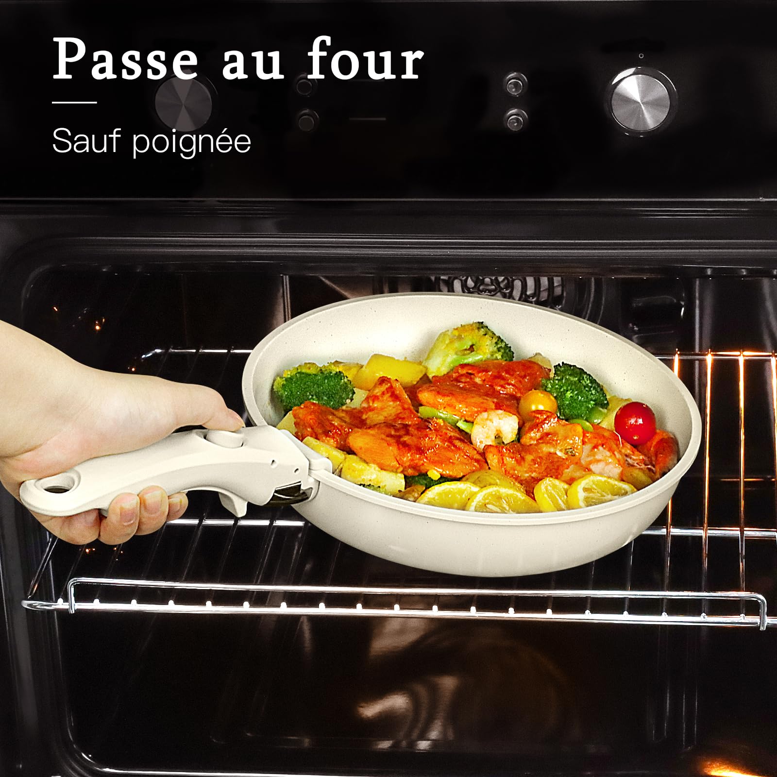 GiPP Batteries de Cuisine avec Poignée Amovible 15PCS, Sets de Poêles et Casseroles avec Revêtement Antiadhésif en Granit, Adapté au Camping, Résistantes au Four, Compatible Tous Feux, Blanc