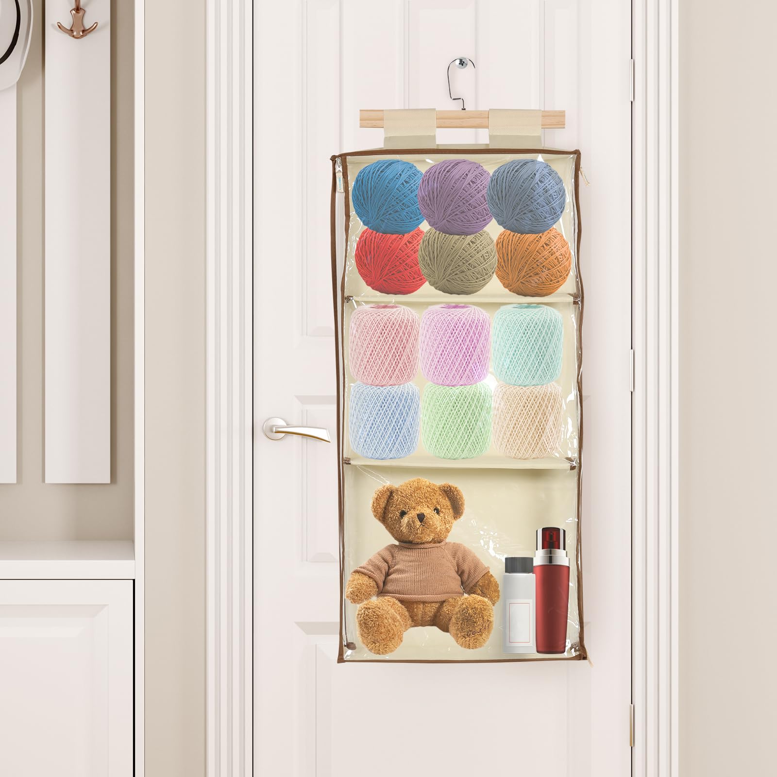 KTZCTPCA Hanging Yarn Storage Organizer, Over the Door Yarn Organizer with 3 Large Pockets, Clear Knitting Organizer Storage with Hooks, Over the Door Yarn Organizer Behind Door Organizer (White)