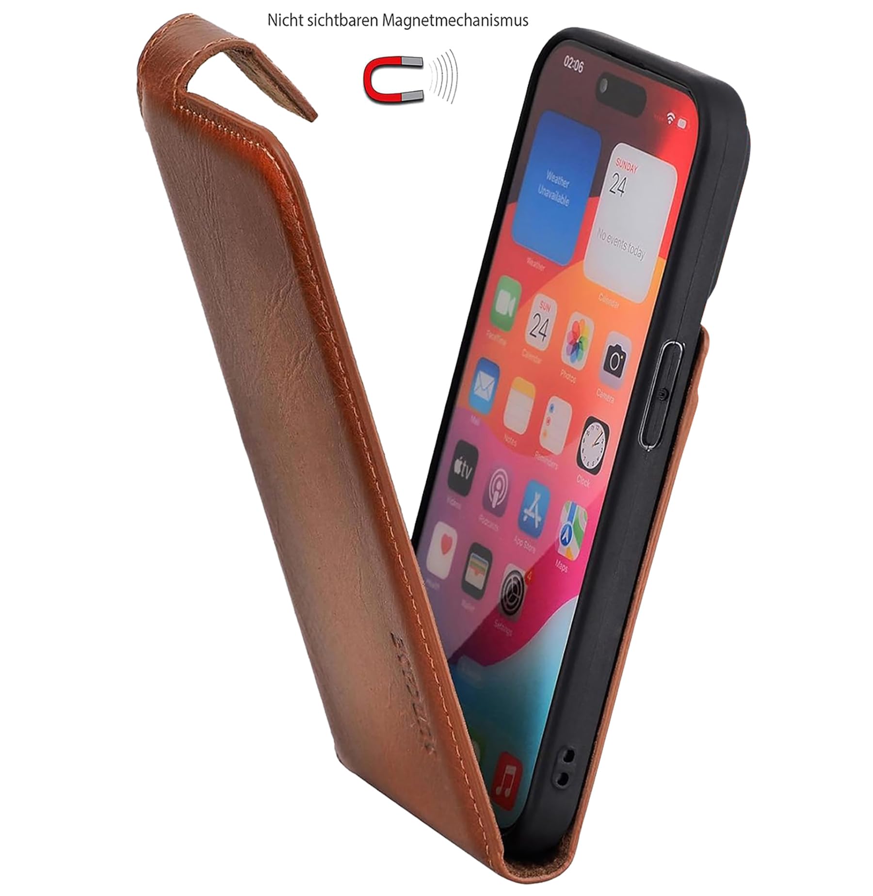 Suncase Étui de protection à rabat original en cuir véritable ultra fin compatible avec iPhone 17e Cognac brûlé