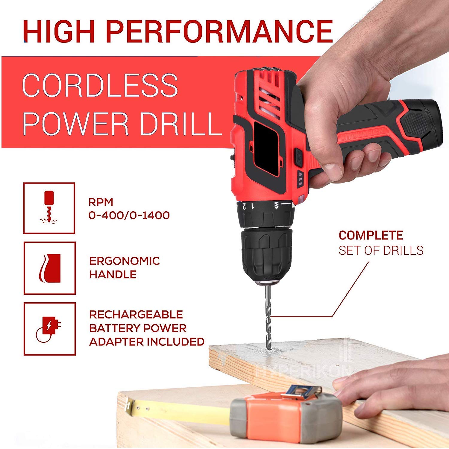 Trapano avvitatore a batteria professionale, 12 V, con accessori da 77, coppia 28 Nm, 2 marce