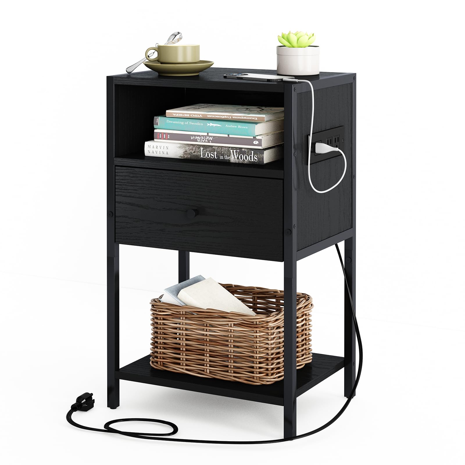 Fixwal Nightstand with Charging Station, Side Table with 3-Tier of Storage, End Table with Drawer and Storage Shelves, Bedside Table for Bedroom, Living Room, Black