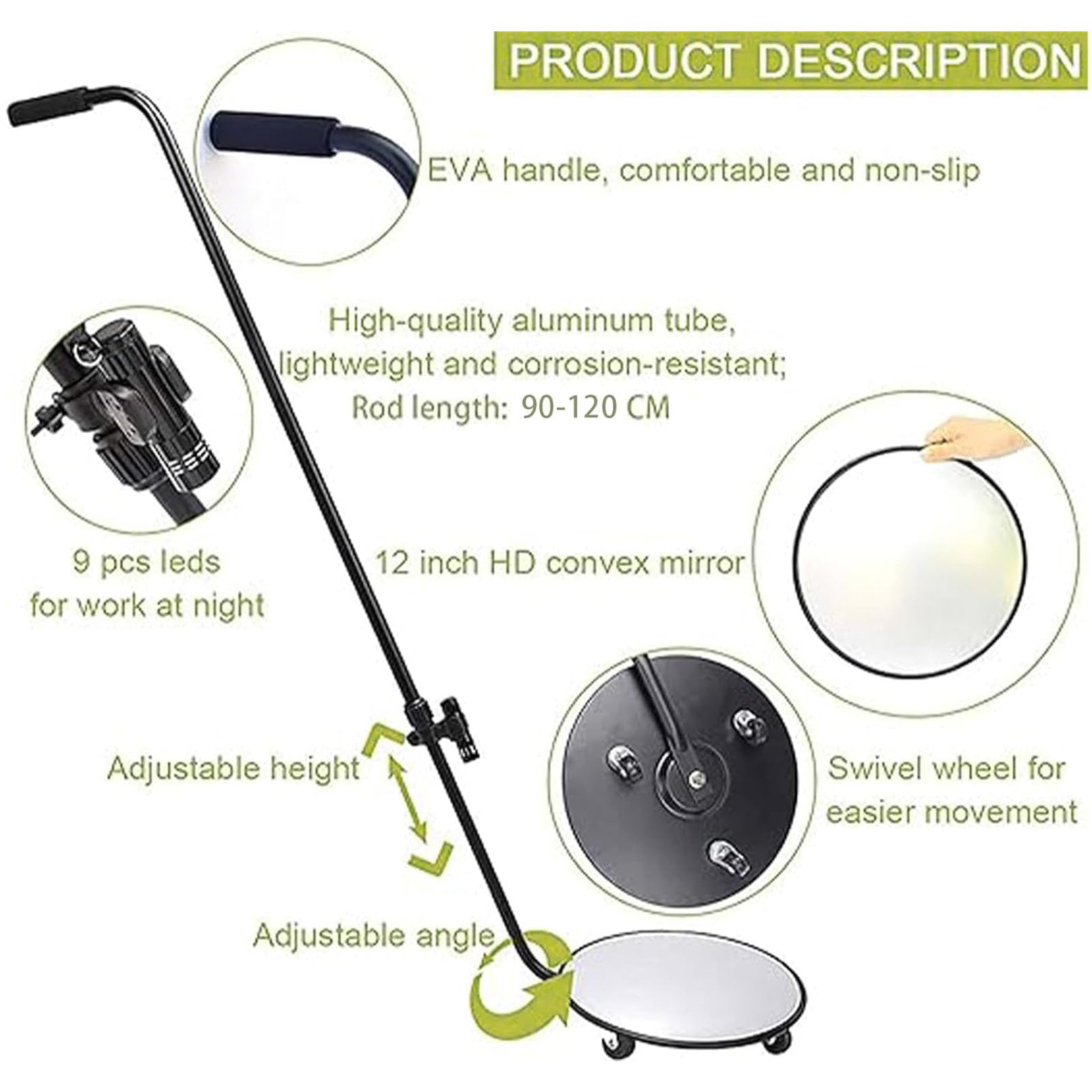 Espejo De Inspección De Bajos De Vehículos, Inspector De Seguridad De Búsqueda Convexa con Luz Led, Longitud Ajustable De 120 A 140 Cm, Diámetro De 30 Cm, Aparato Óp