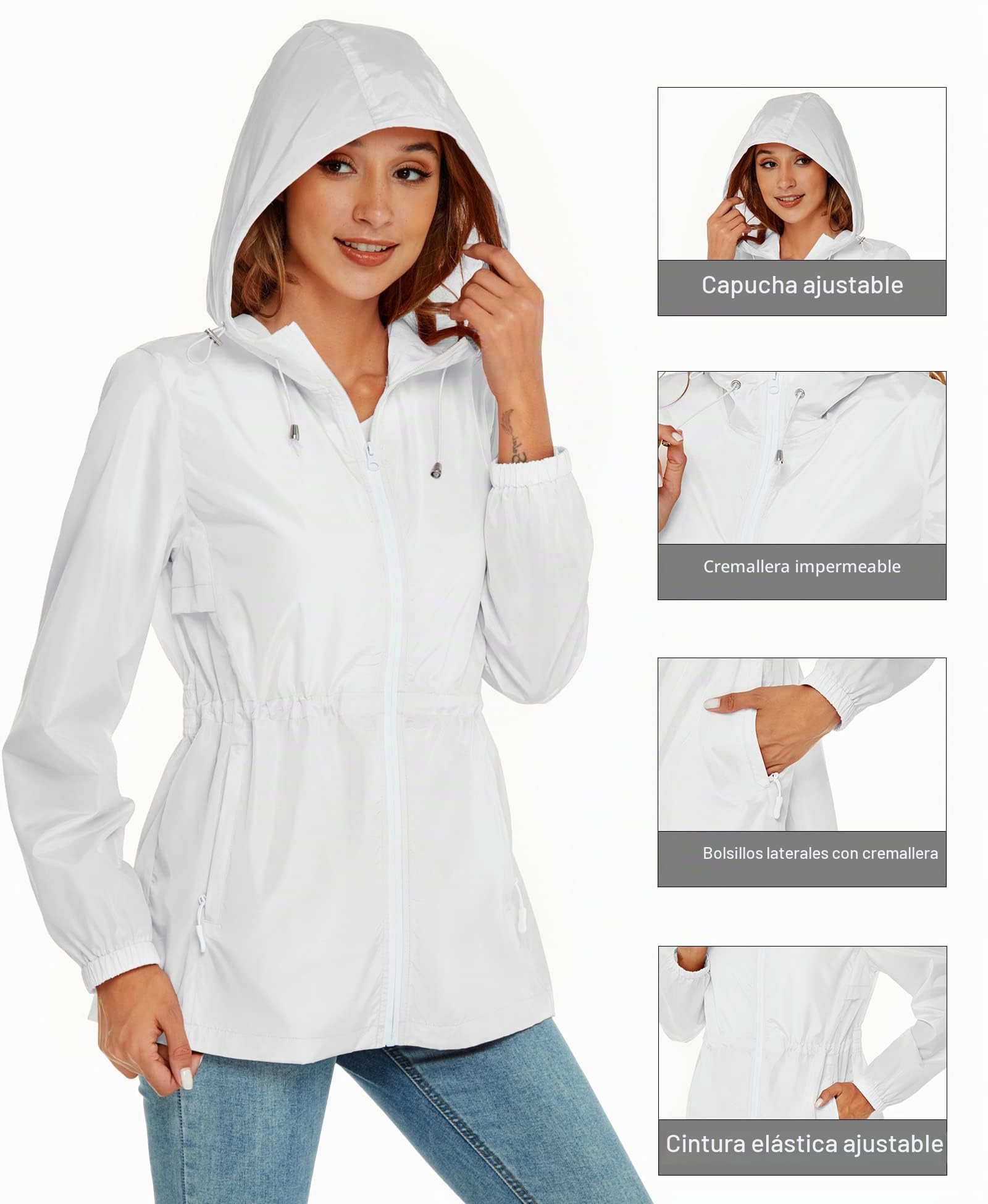 Rapbin Chubasquero para mujer, chaqueta impermeable ligera, abrigo de lluvia para exteriores, gabardina plegable con capucha y bolsillo