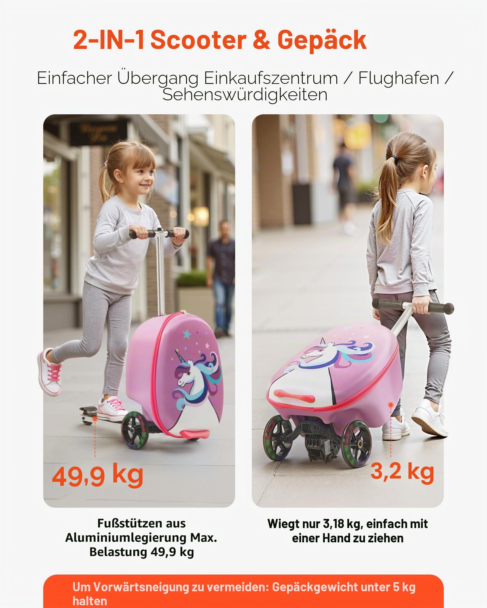VEVOR Scooter Koffer, 20 L Fassungsvermögen, Reisekoffer mit Flash-PU-Rädern, TPR-Anti-Rutsch-Griff, max. Gewichtskapazität 50 kg, Kinderkoffer Handgepäck, für Kinder ab 5 Jahren, Lila