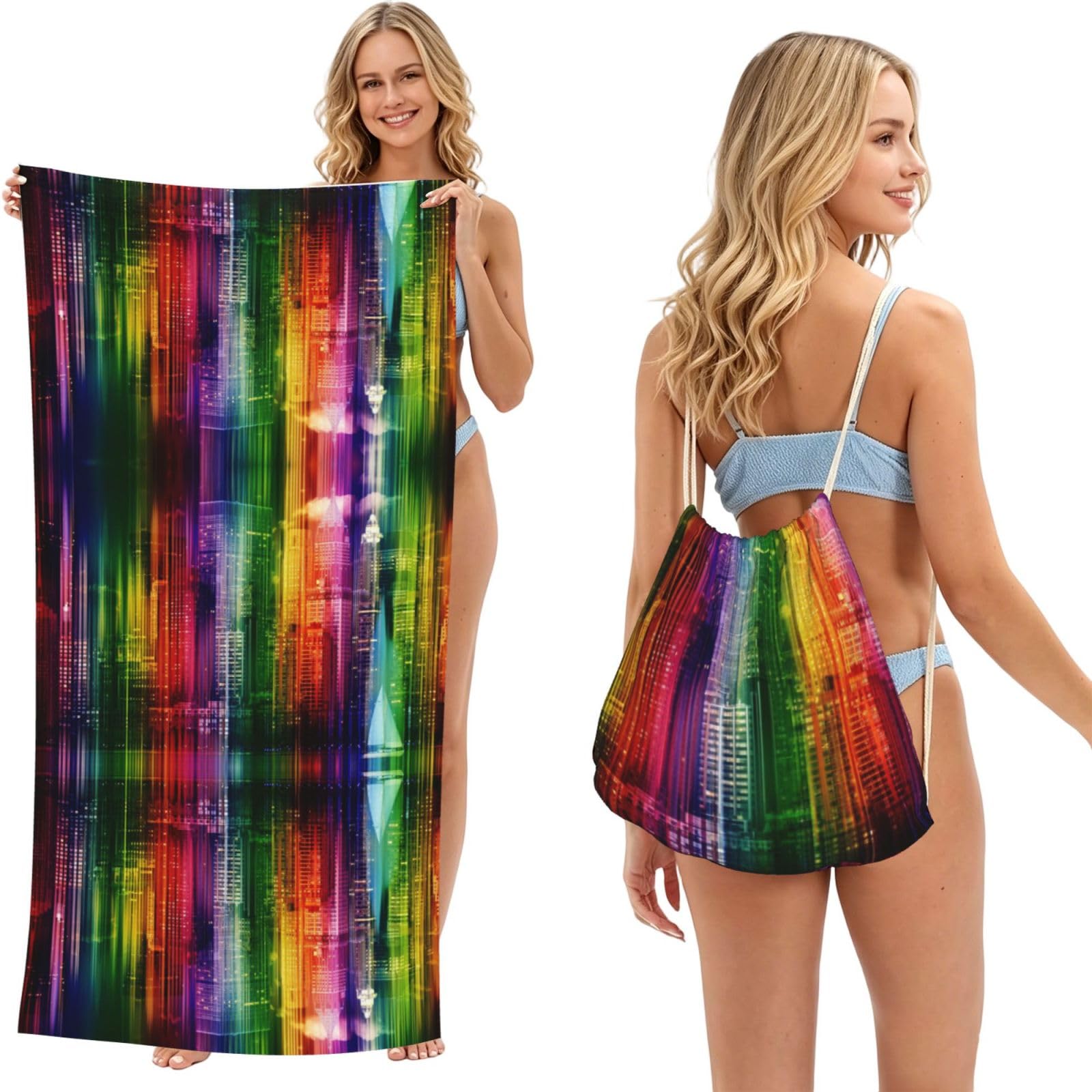 ESNAIUVCD Rainbow City Print Beach Towel For Adults,Towel With Drawstring Bag, Travel Pool Swimming Sports Shower Sand Free Quick Dry Bath Towel For Pool, Beach, Yoga- 180x60cm