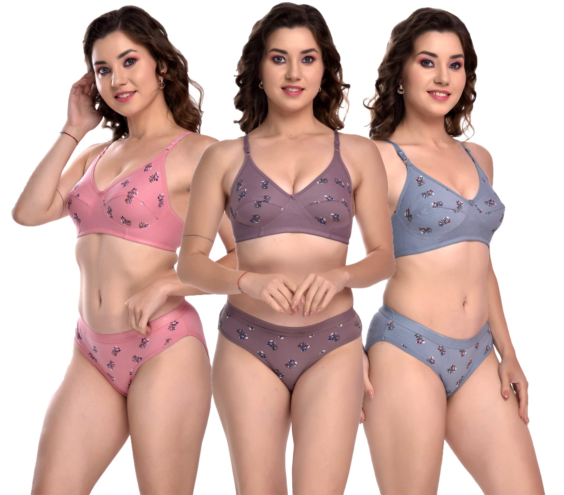 fasharious Women's Daily use Printed Bra Panty Set Full Coverage Non Padded Printed Lingerie Set with Adjustable stap Bra Panty Set for Womens Combo Pack of 3-picture-31