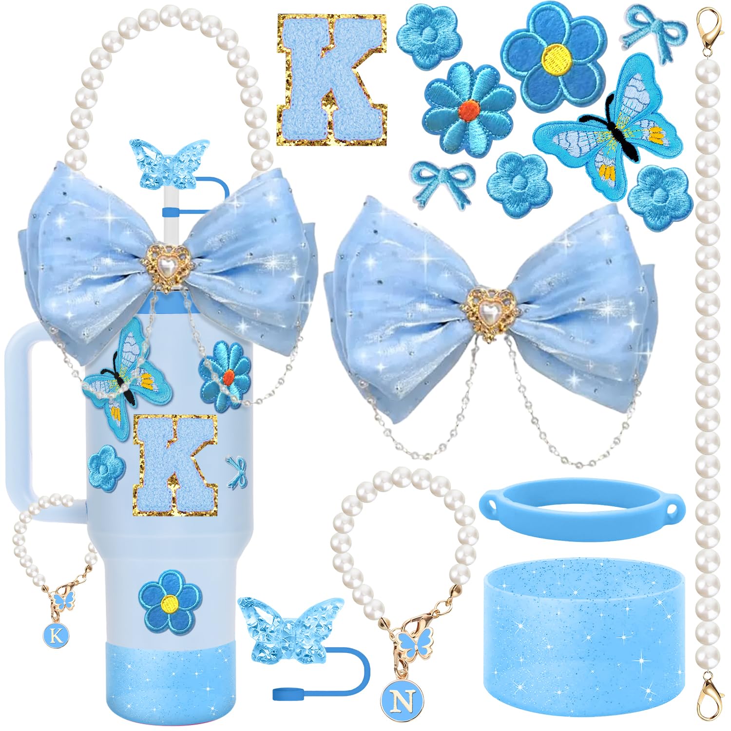 HAIREASON Stanley Cup Accessories,15pcs Bling Accessories for Stanley Cup 30oz 40oz Tumbler Including Straw Cover Sticker,Bow Straw Topper,Pearl