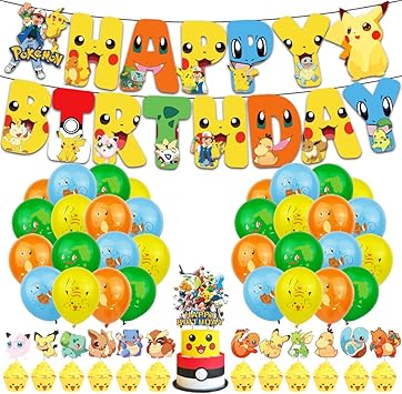 Amazon ピカチュウ 誕生日パーティー用品 男の子 女の子 誕生日漫画パーティーデコレーション Happy Birthdayバナー テーブルクロス ピカチュウケーキトッパー 吊り下げ渦巻き 風船 ピカチュウステッカー 風船 バルーン おもちゃ