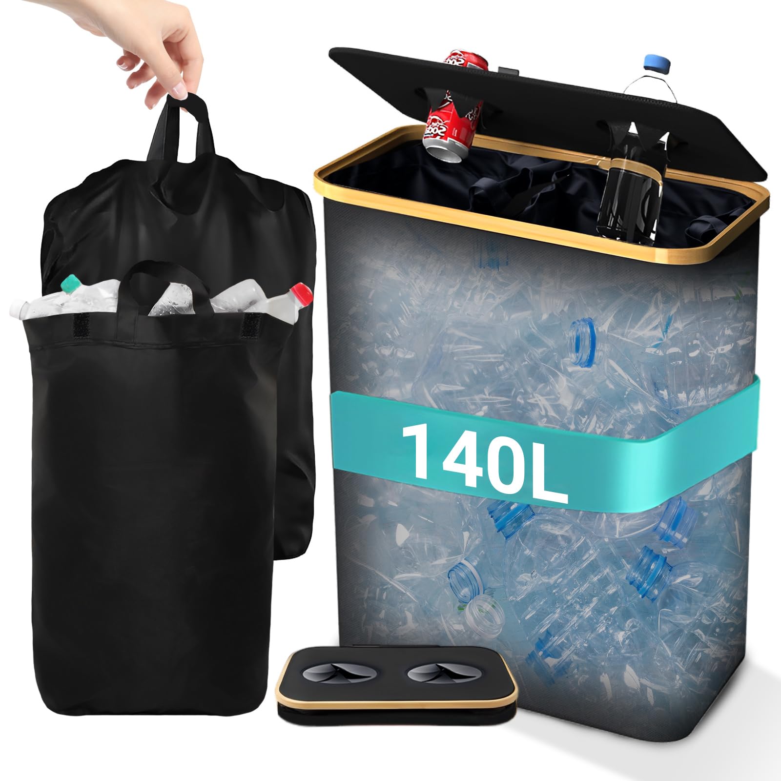 Poubelle Cuisine 140l,Poubelle Tri Selectif 2 Bac Poubelle Recyclage Poubelle Verre Poubelle Tri Selectif Sac Tri Selectif Conteneur De Collecte De Bouteilles Réutilisables(2 sac, 2trou