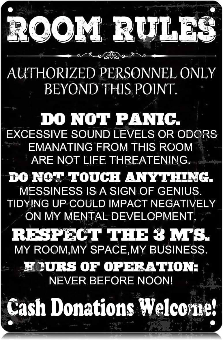 SMAZDFXX Room Rules Metal Tin Signs Teen Girls Boy Bedroom Gaming Room Funny Wall Art Decor Iron Poster for Home Farmhouse Bar Cafe Pub Garage Man Cave 8"x12"