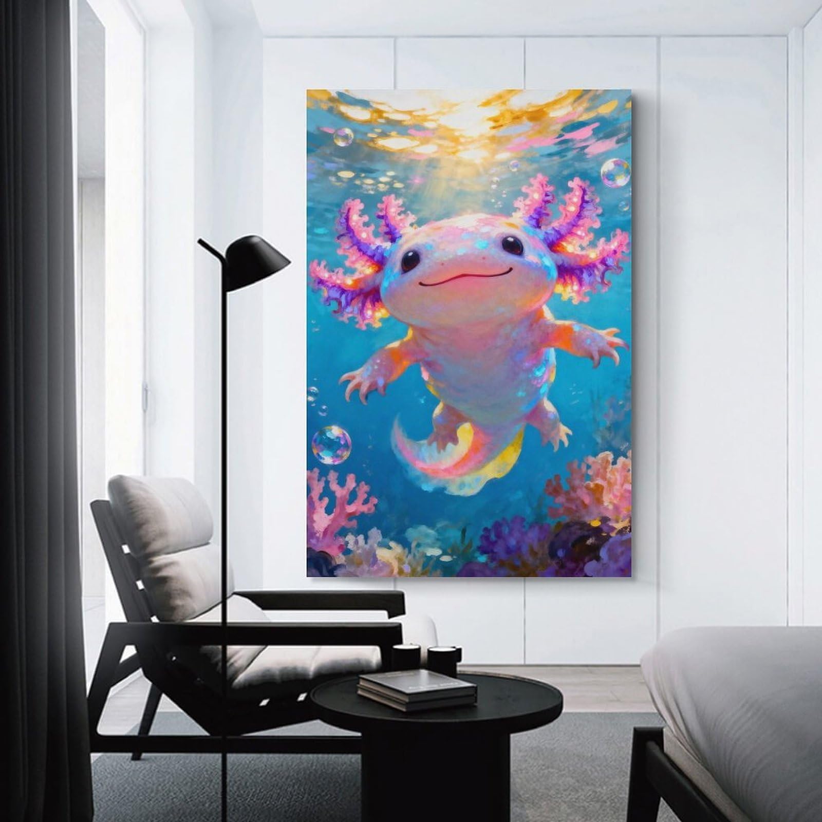 Junmoney Unframe-Style-4-1 Cute Axolotl Underwater Home Decor Wall Art, 24X36inch(60X90cm), For Calm Bedrooms, Home Corners Or Flats, Canvas Wall Decor For Personal Spaces
